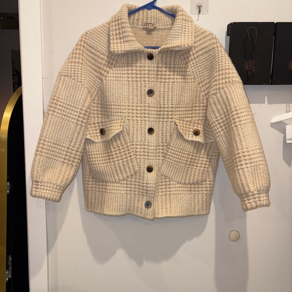 Cream Plaid cardigan jacket